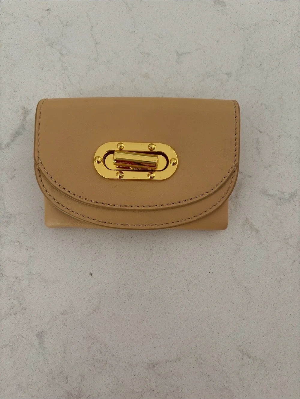 Compact Tan Leather Wallet with Gold Turn-Lock